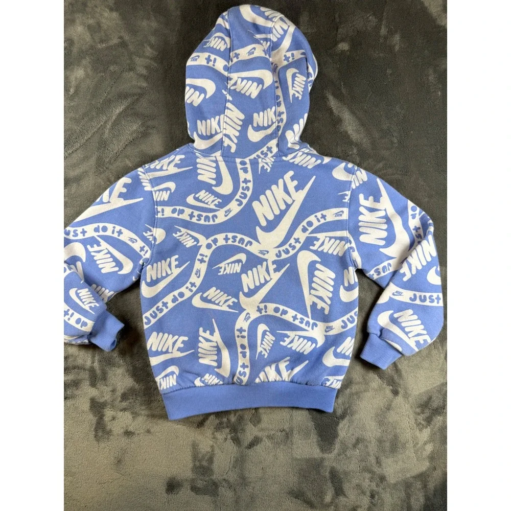 Kids Nike All Over Logo Print Hoodie Pullover‎ Blue White Size S 4-5 Years